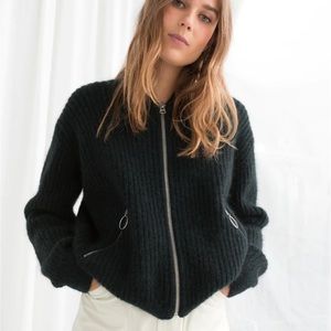 & Other Stories Mohair Wool Blend Dark Green Ribbed Zip up Bomber Sweater Jacket
